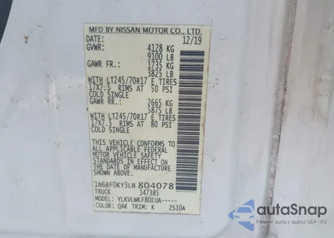 2020 Nissan Nv Cargo Nv2500 Hd S Standard Roof V6 z USA, uszkodzony, nr VIN 1N6BF0KY3LN804078